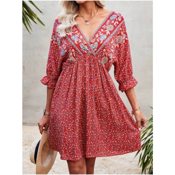 Boho Navy Floral Print Ruffle Sleeve Mini Dress Cottagecore - Picture 2 of 13